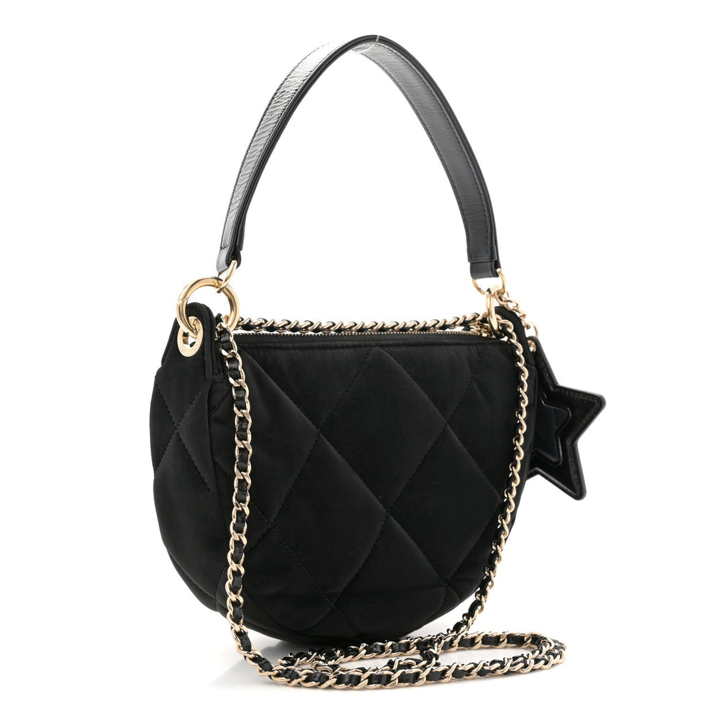 Chanel Velvet Effect Nylon Shiny Crumpled Calfskin Coco Neige Quilted Clutch With Chain Black