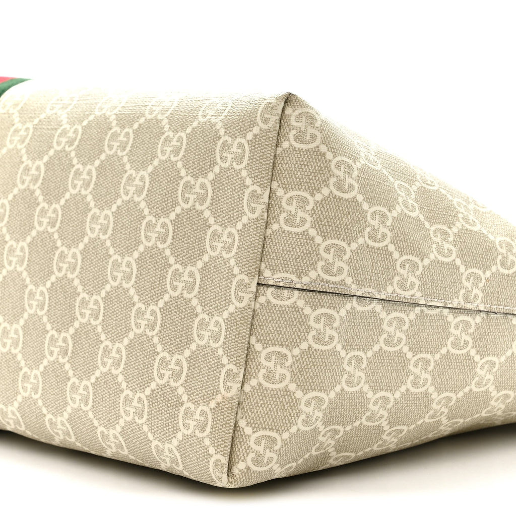Gucci GG Supreme Monogram Textured Dollar Calfskin Web Medium Ophidia Shopping Tote Beige Mystic White Oatmeal