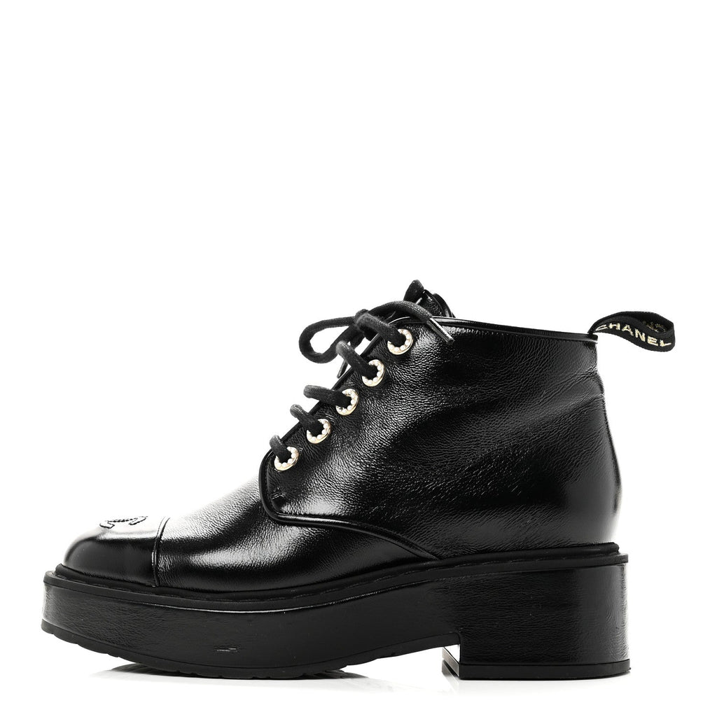 Chanel Shiny Calfskin Pearl Lace Up Combat Short Boots 38 Black