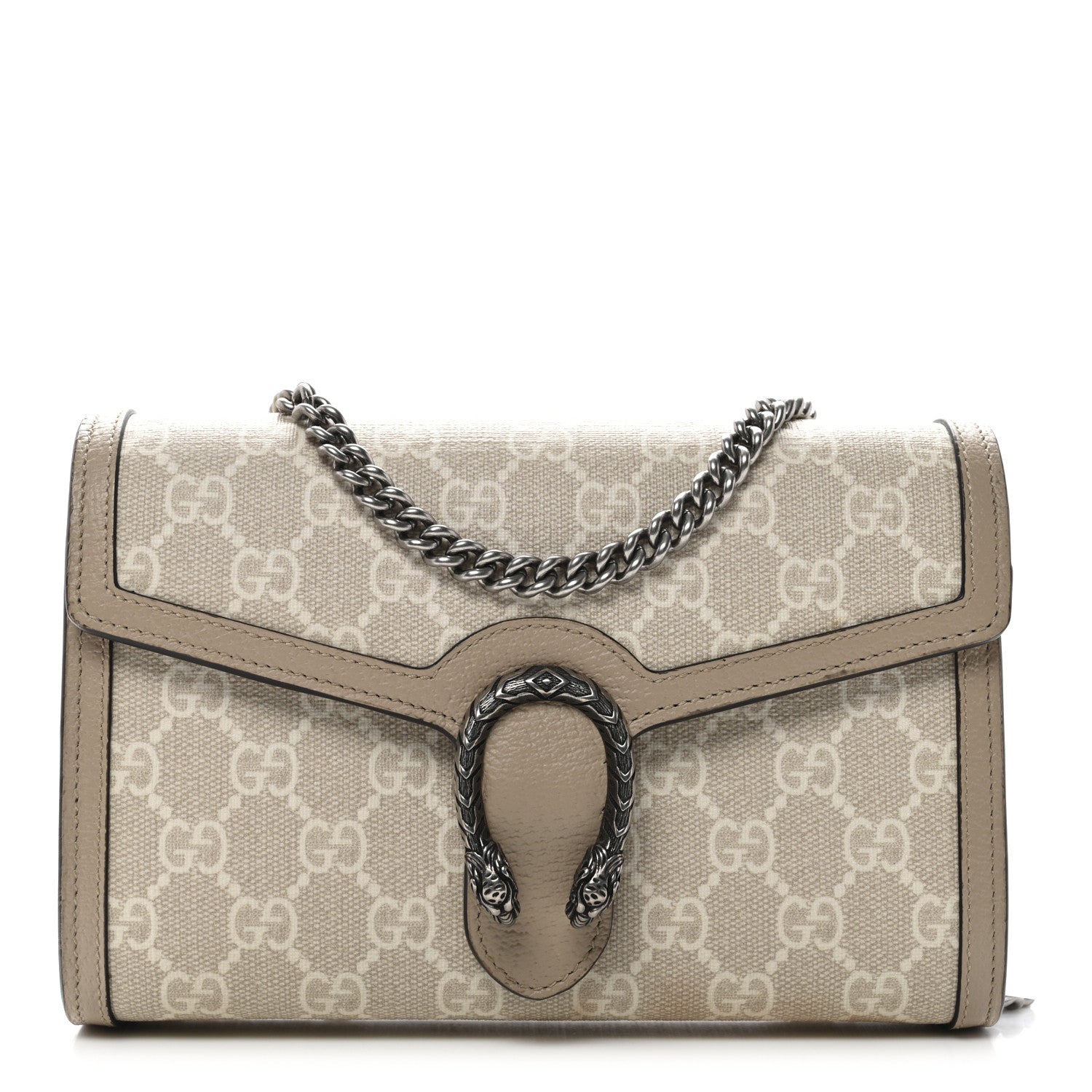 Gucci GG Supreme Monogram Textured Dollar Calfskin Mini Dionysus Chain Wallet Beige Mystic White Oatmeal