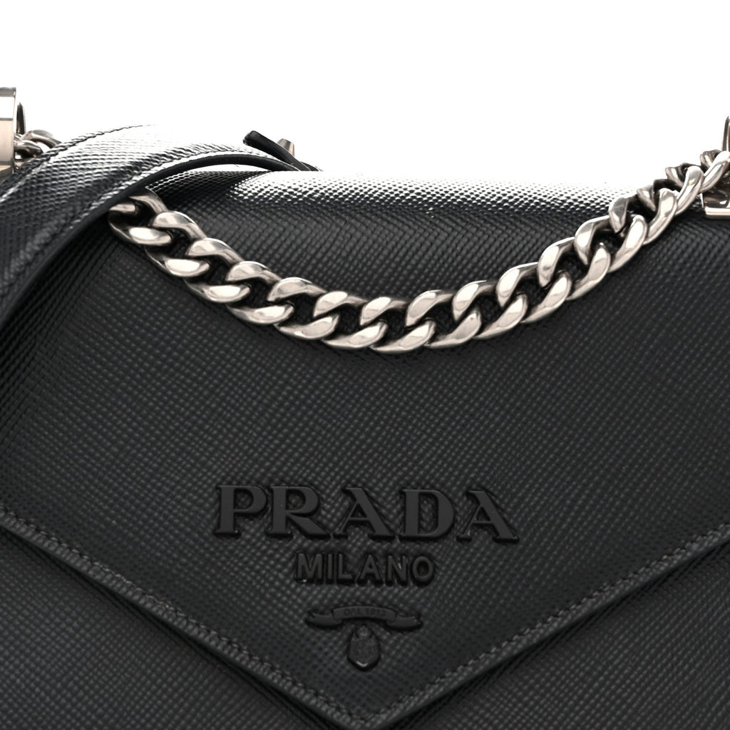 Prada Saffiano Cuir Calfskin Monochrome Envelope Flap Chain Shoulder Bag Black
