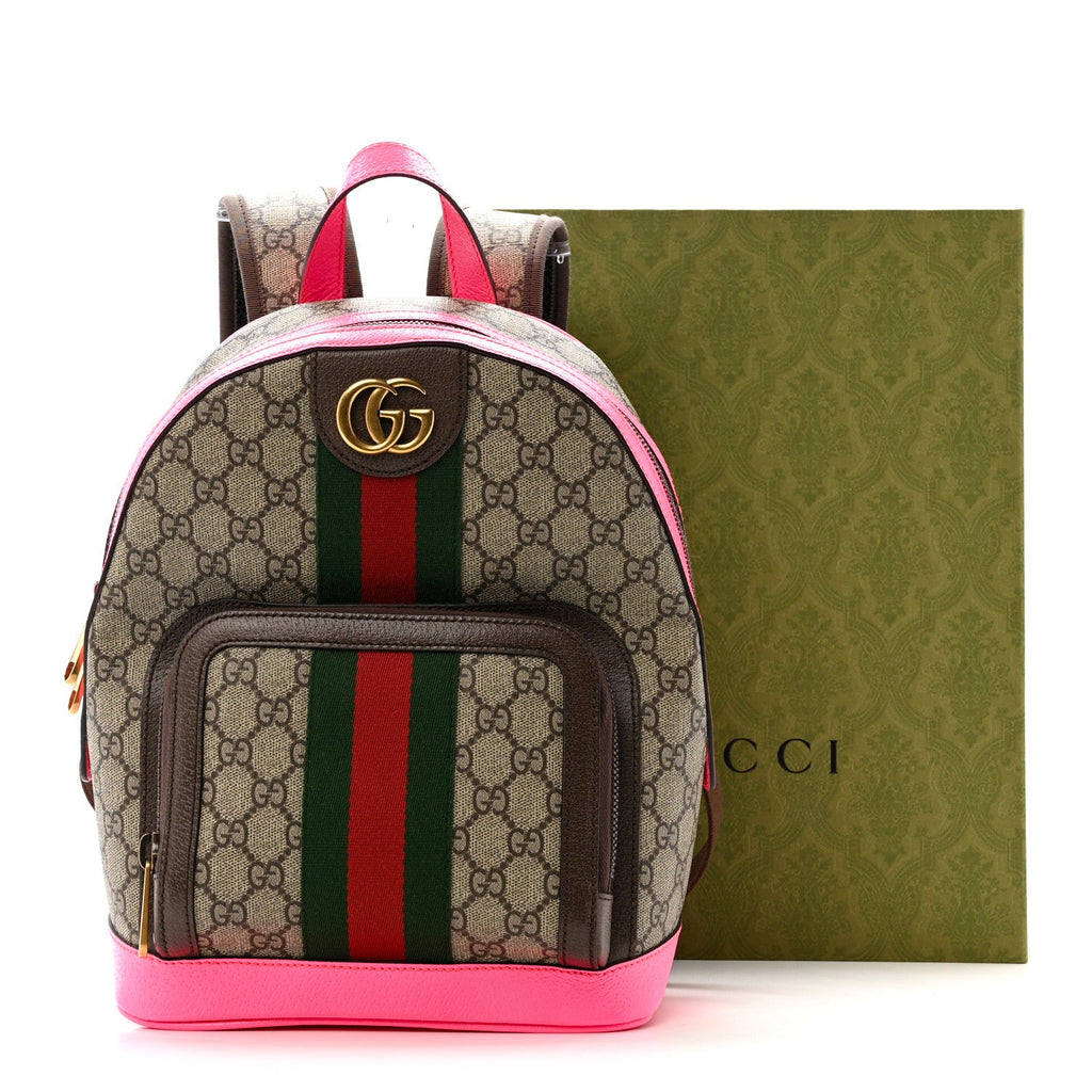 Gucci GG Supreme Monogram Textured Dollar Calfskin Web Small Ophidia Day Backpack Beige Ebony Fluorescent Fuchsia