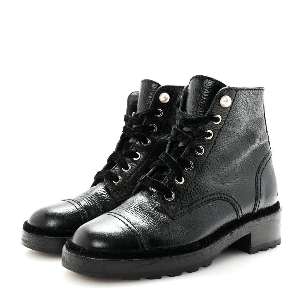 Chanel Shiny Calfskin Velvet Pearl Combat Short Boots 38.5 Black