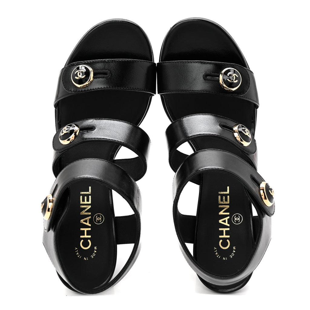 Chanel Shiny Calfskin CC Sandals 38.5 Black