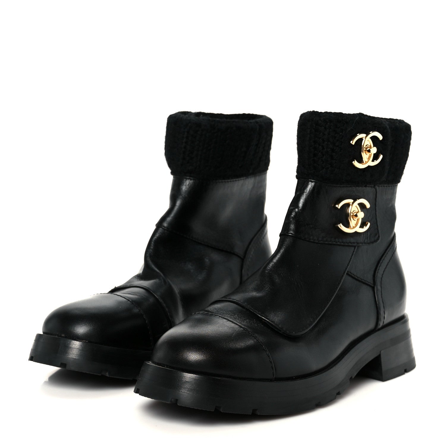Calfskin Knit CC Short Boots 38 Black