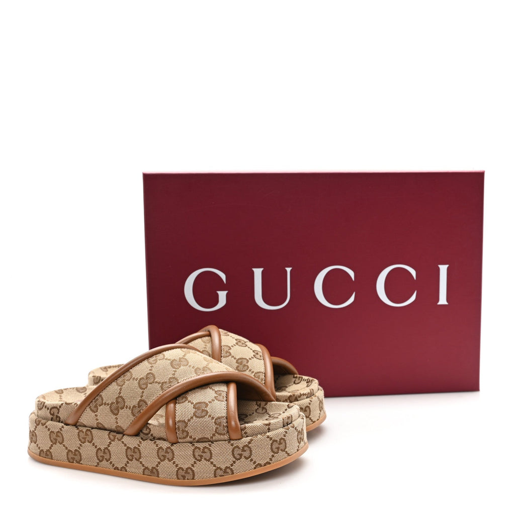 Gucci Monogram GG Calfskin Angelina Platform 55mm Slide Sandals 35 Camel Ebony