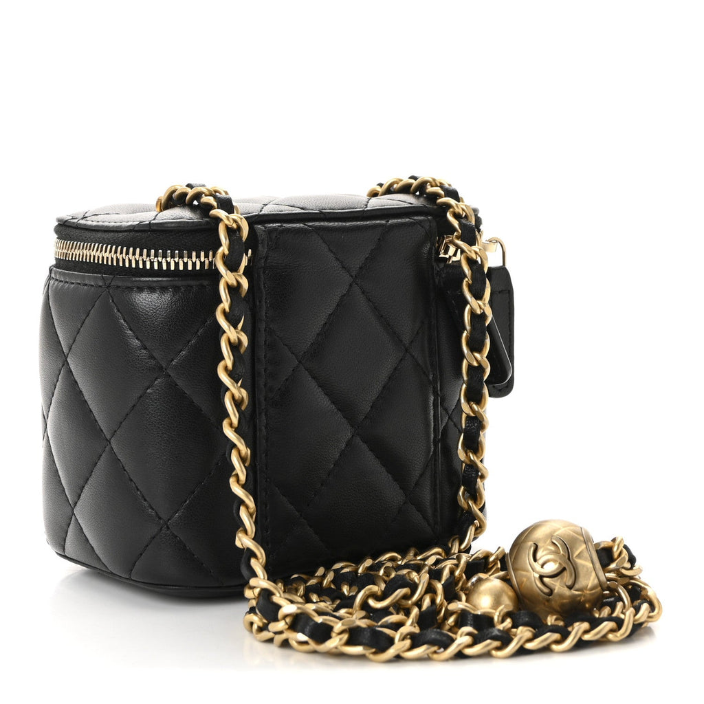 Chanel Lambskin Quilted Mini Pearl Crush Vanity Case With Chain Black