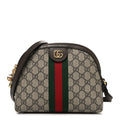 Gucci GG Supreme Monogram Textured Dollar Calfskin Web Small Ophidia Dome Shoulder Bag Beige Ebony New Acero