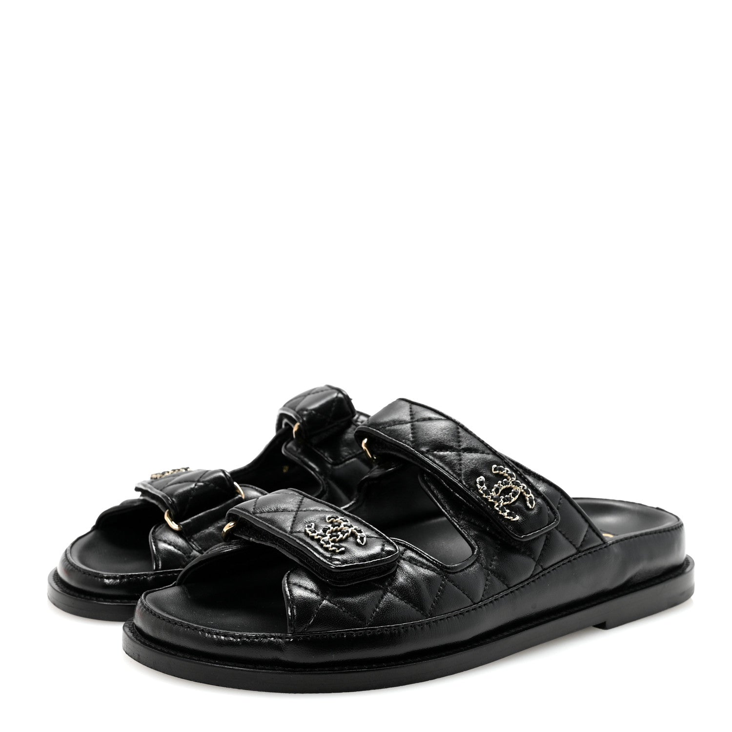 Lambskin Quilted Velcro Dad Chain CC Slide Sandals 36.5 Black