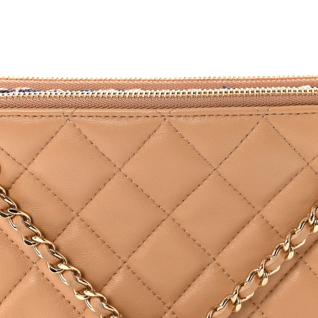Chanel Tweed Lambskin Quilted Pouch Beige Multicolor
