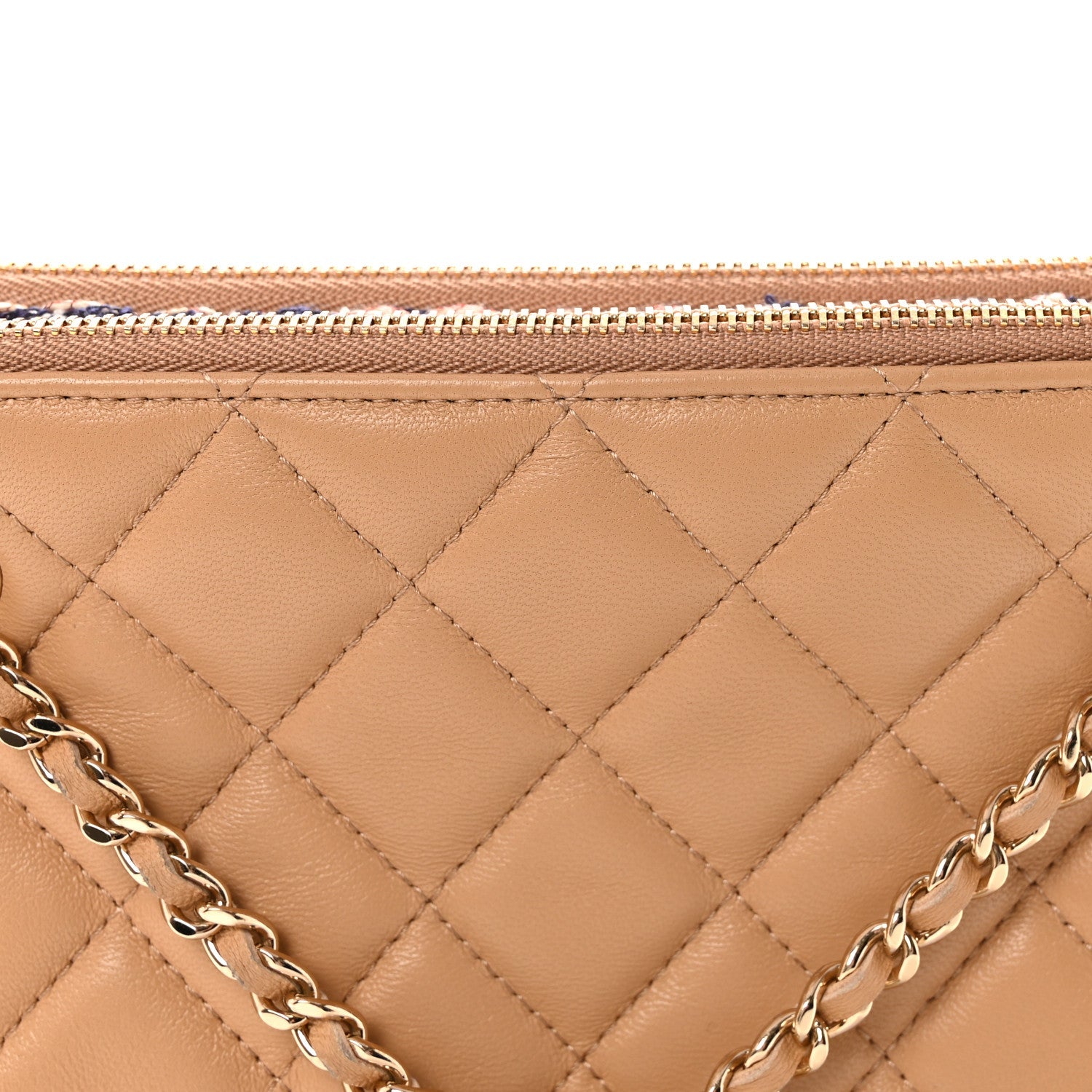 Chanel Tweed Lambskin Quilted Pouch Beige Multicolor