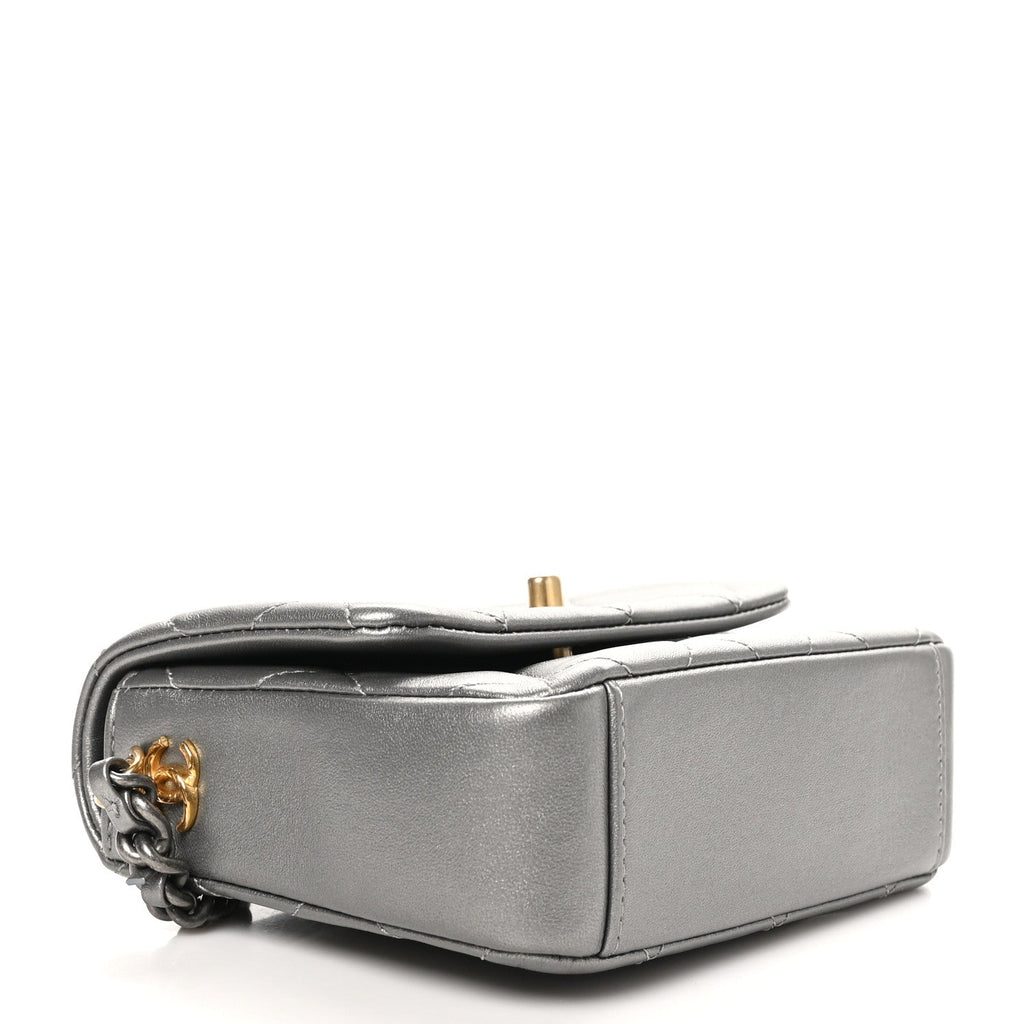 Chanel Metallic Lambskin Quilted Mini Side Note Flap Grey