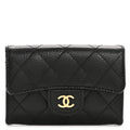 Caviar Quilted Flap Card Holder Wallet Black