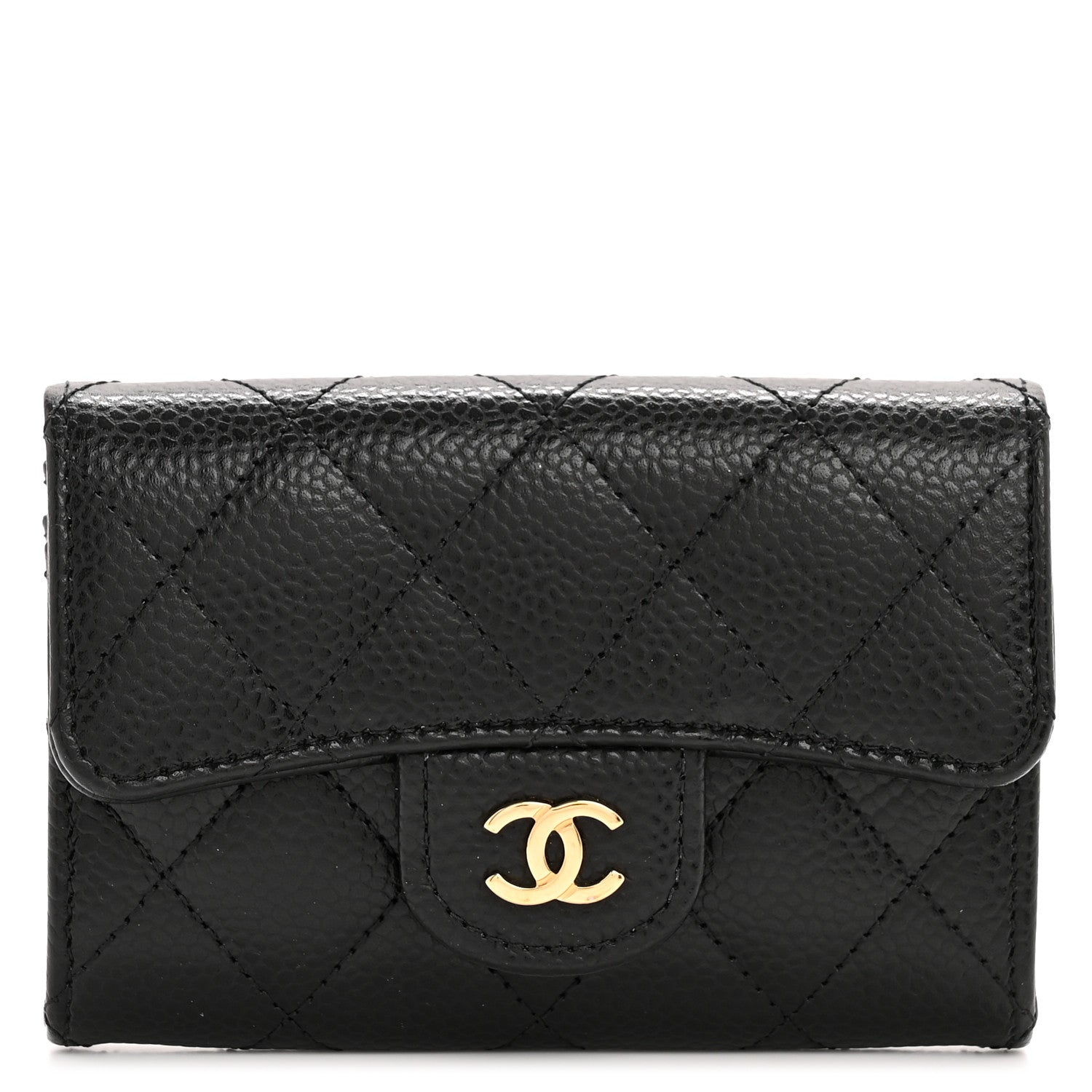 Caviar Quilted Flap Card Holder Wallet Black