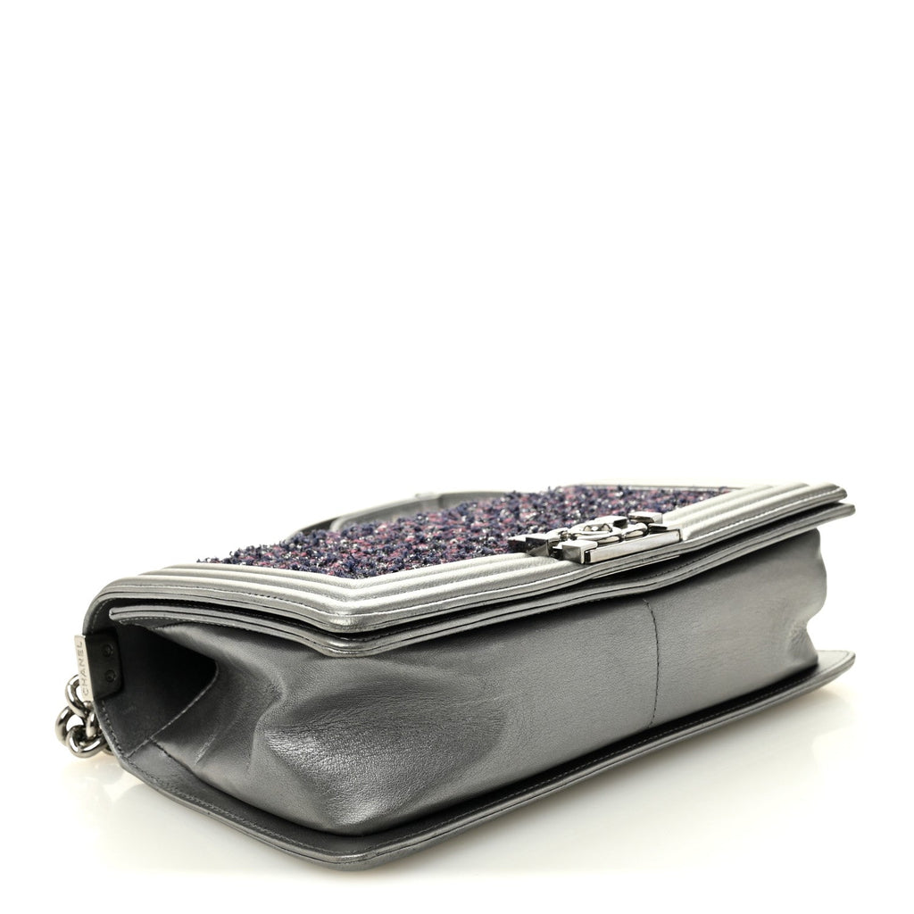 Chanel Tweed Metallic Lambskin Medium Boy Flap Silver