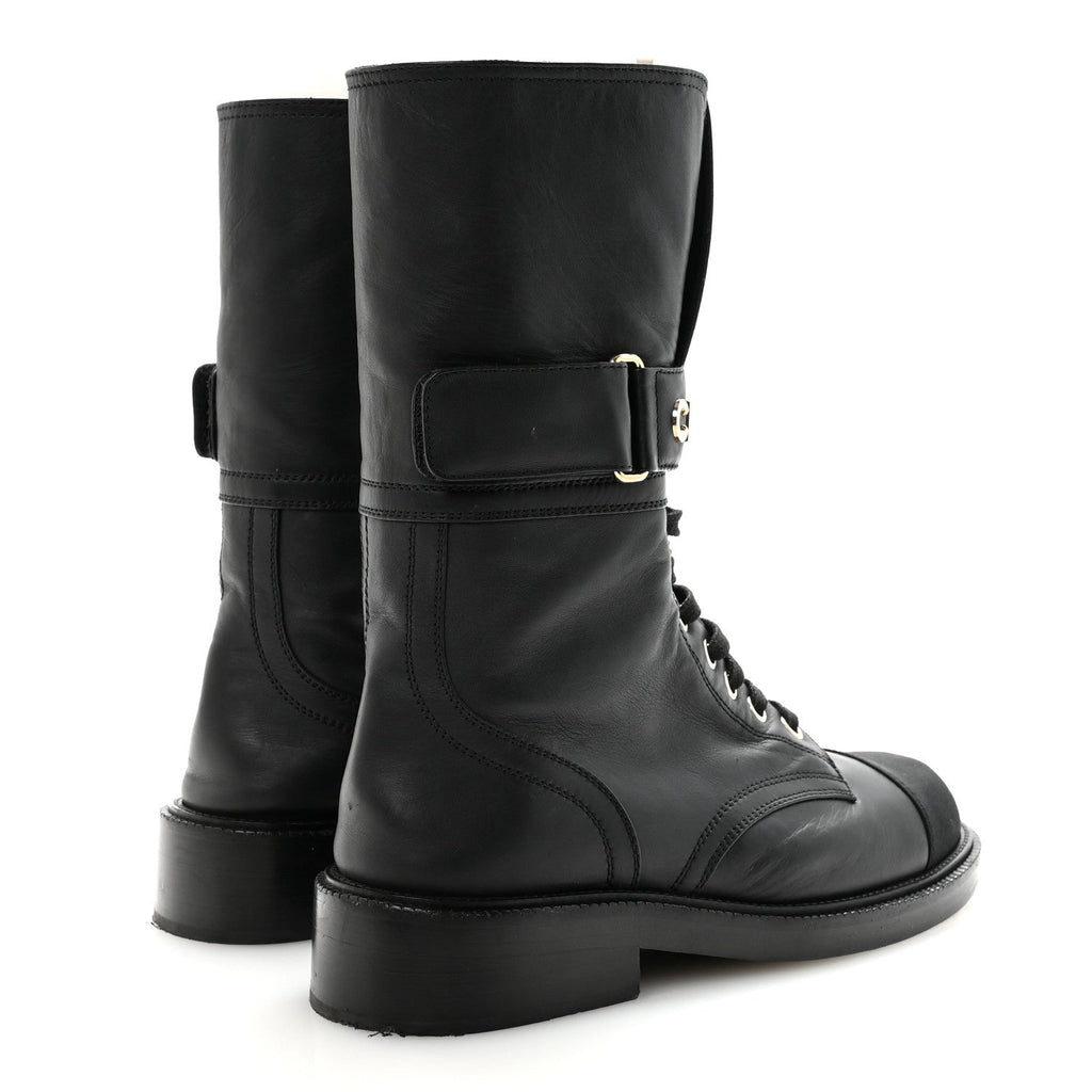Chanel Shiny Calfskin Lace Up Combat Boots 37 Black