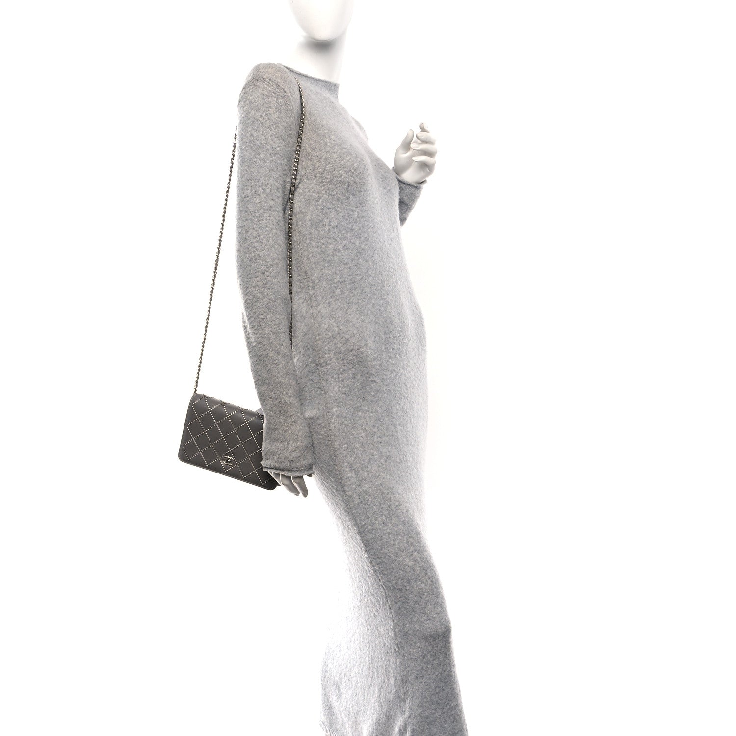 Chanel Lambskin Crystal Quilted Wallet On Chain WOC Grey