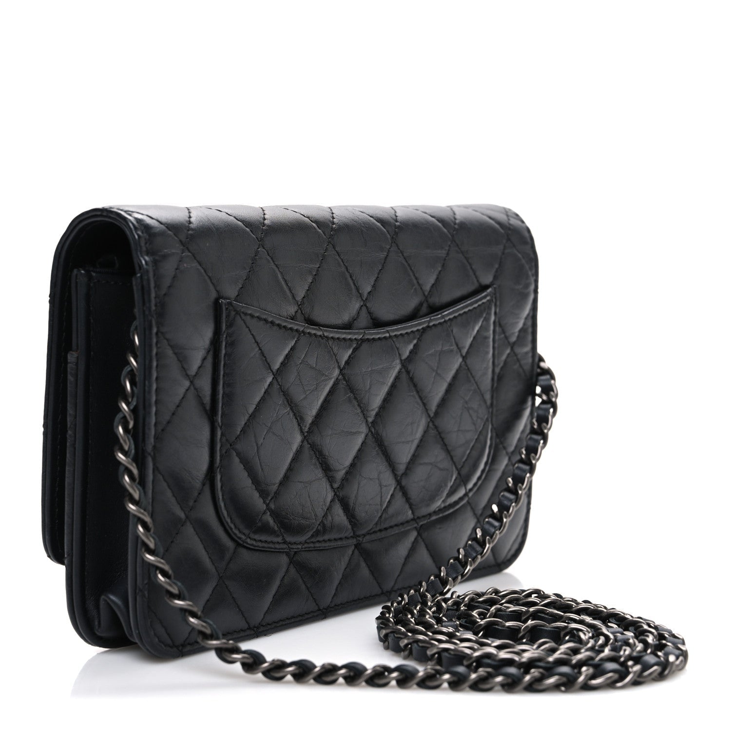 Chanel Aged Calfskin Quilted Lucky Charms 2.55 Reissue Wallet On Chain WOC Black