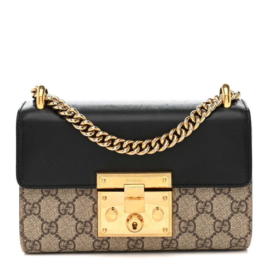 Gucci GG Supreme Monogram Calfskin Small Padlock Shoulder Bag Beige Black Cuir