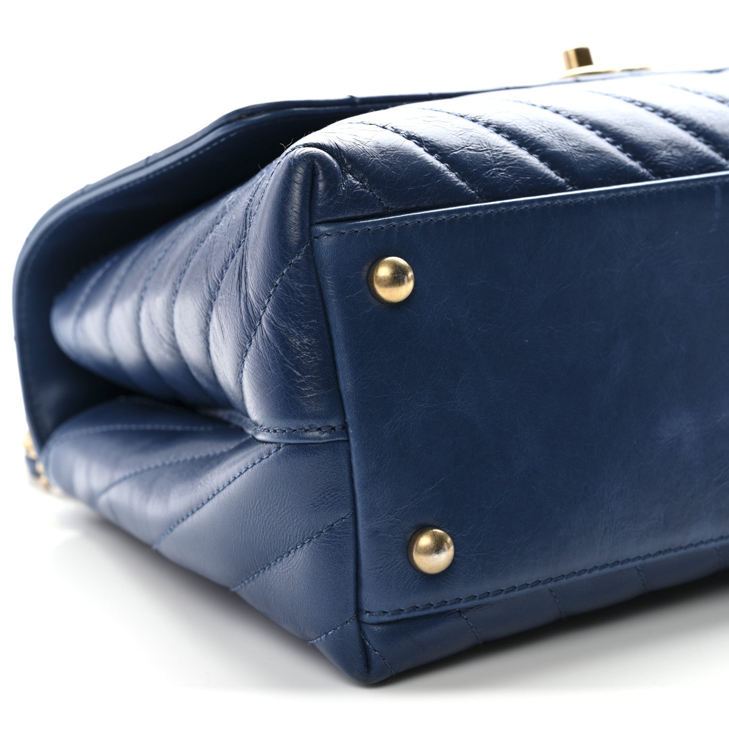 Chanel Aged Calfskin Chevron Quilted Small Coco Handle Flap Blue