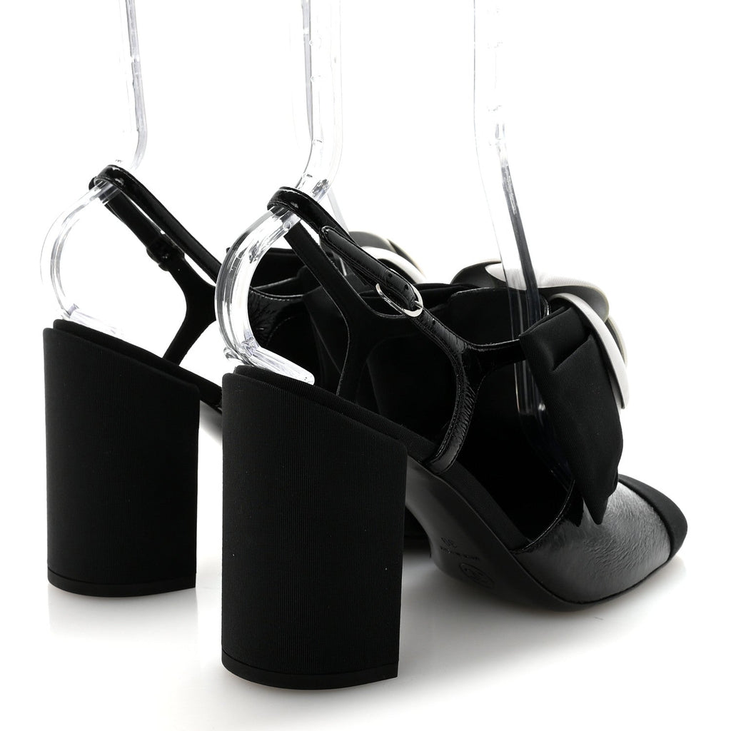 Crumpled Shiny Fabric Grosgrain Cap Toe Camellia Bow Slingback Pumps 39 Black