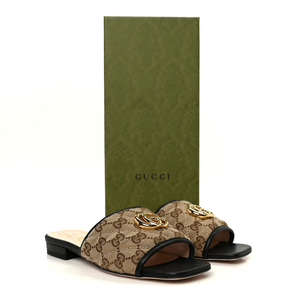 Gucci Monogram Matelasse Diagonal GG Marmont Flat Slide Sandals 35 Beige Ebony Black