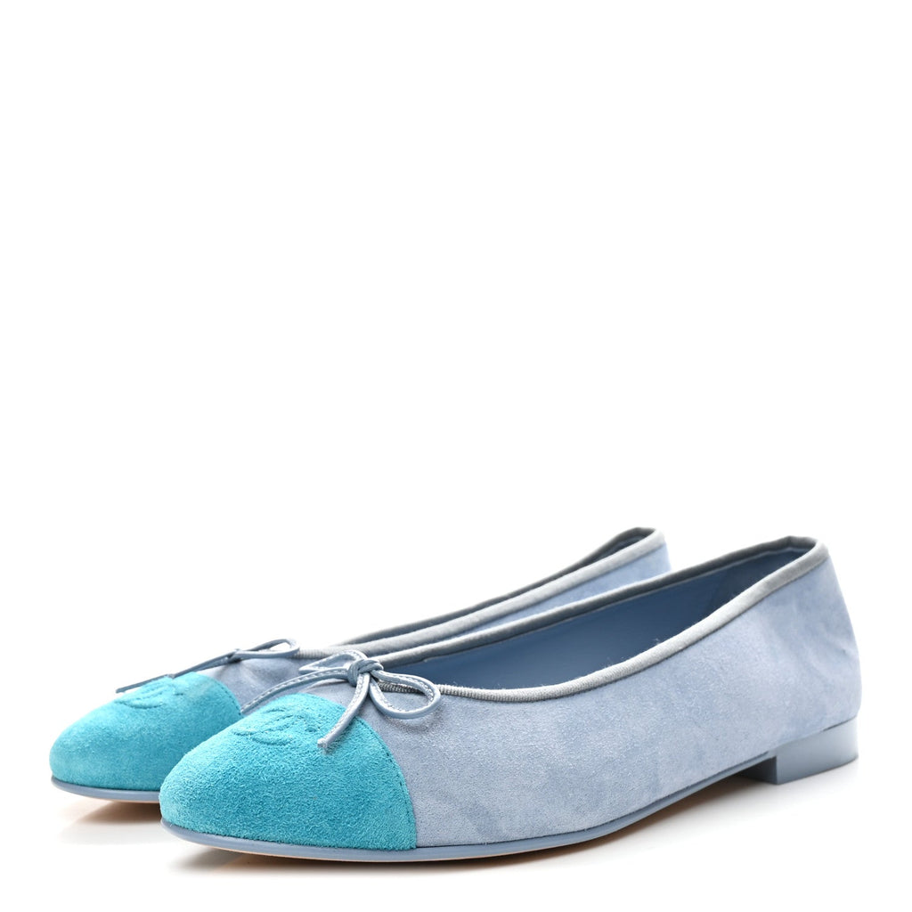 Chanel Suede Calfskin Cap Toe CC Ballerina Flats 40.5 Light Blue Turquoise