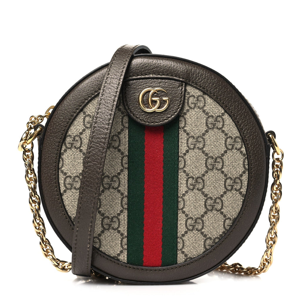 Gucci GG Supreme Monogram Web Mini Ophidia Round Shoulder Bag Brown