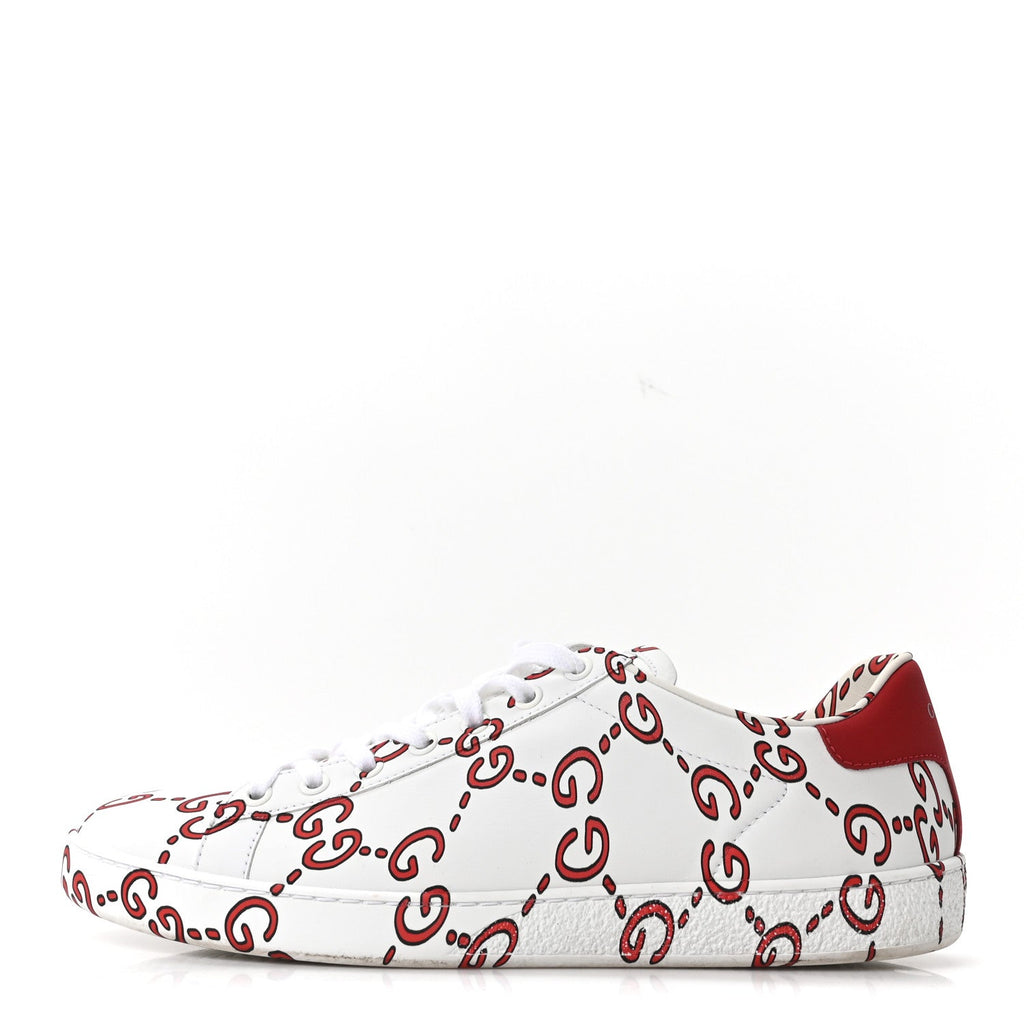 Gucci Calfskin GucciGhost Print Womens Ace Sneakers 40.5 White Hibiscus Red