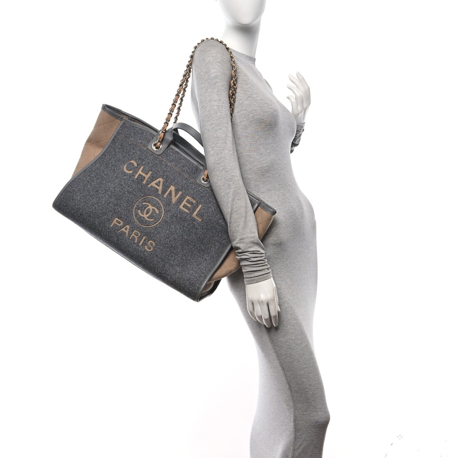 Chanel Wool Felt Large Deauville Tote Grey Beige