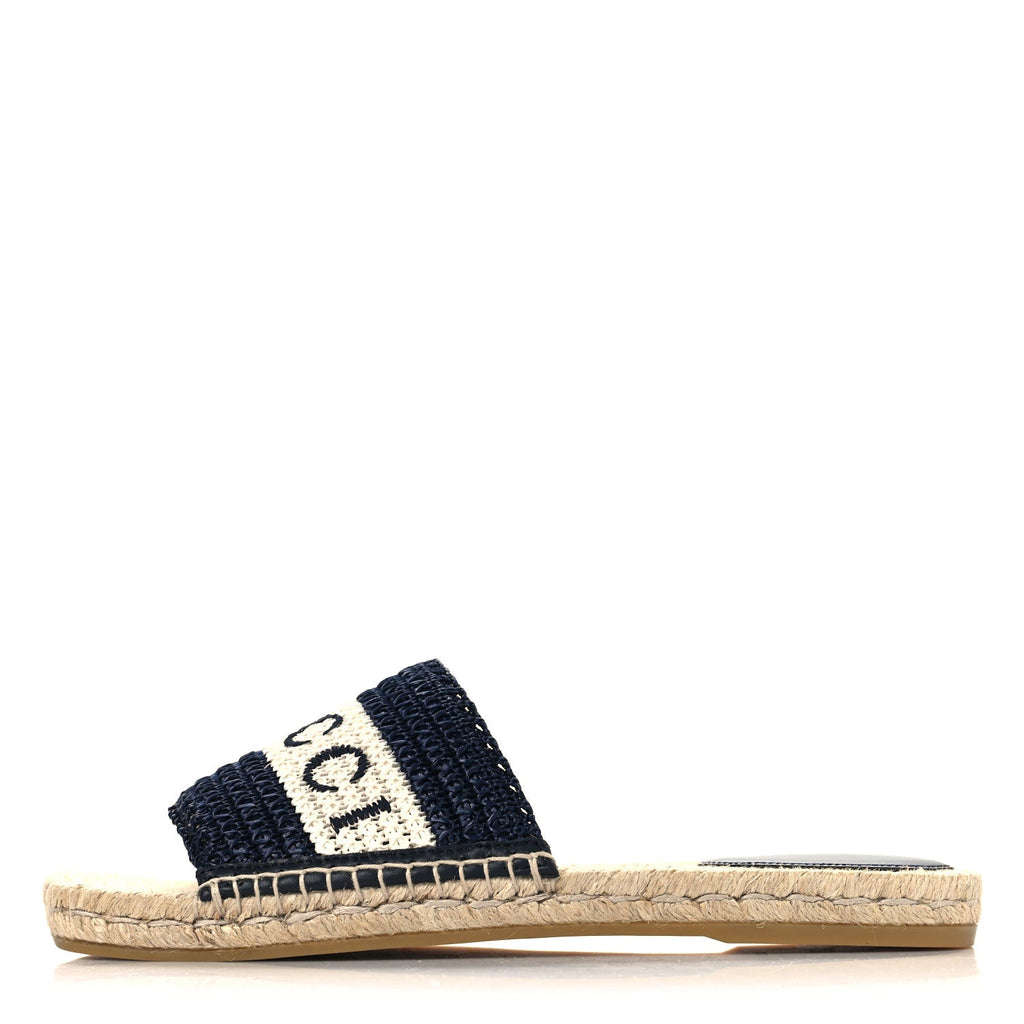 Gucci Macrochet Raffia Logo Flat Slide Espadrille Sandals 37.5 Blue Great White