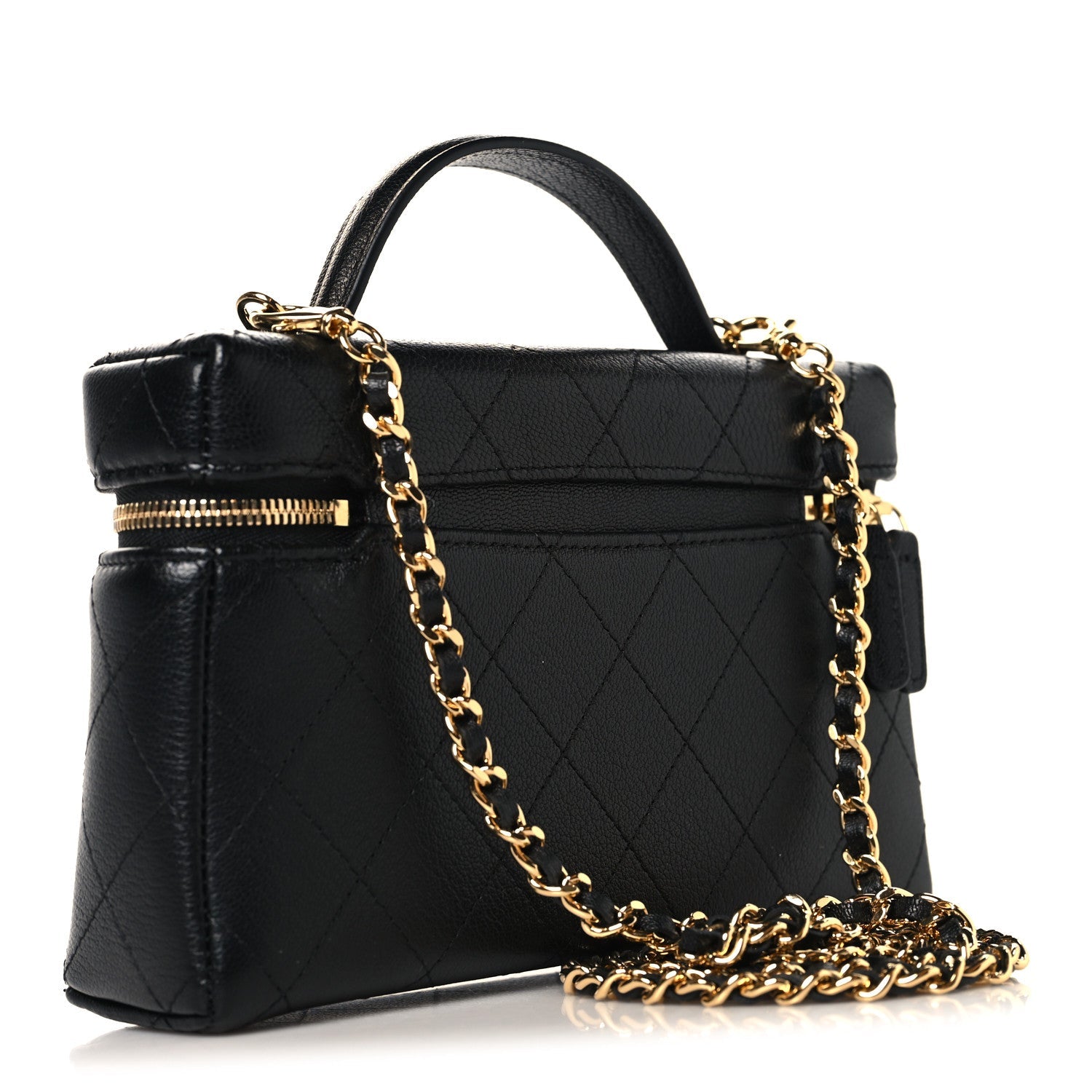Chanel Goatskin Stitched Top Handle Slim Vanity With Chain Black