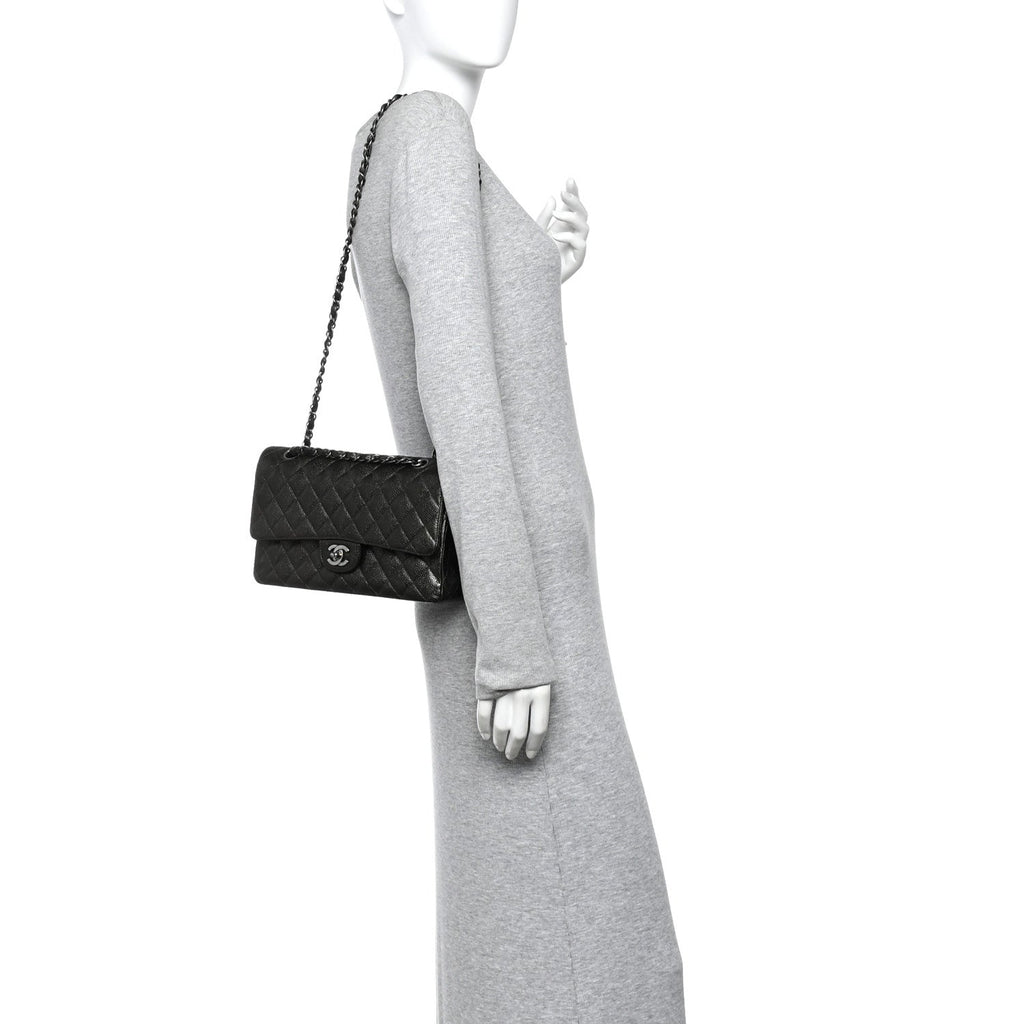 Chanel Metallic Caviar Quilted Medium Double Flap Dark Charcoal