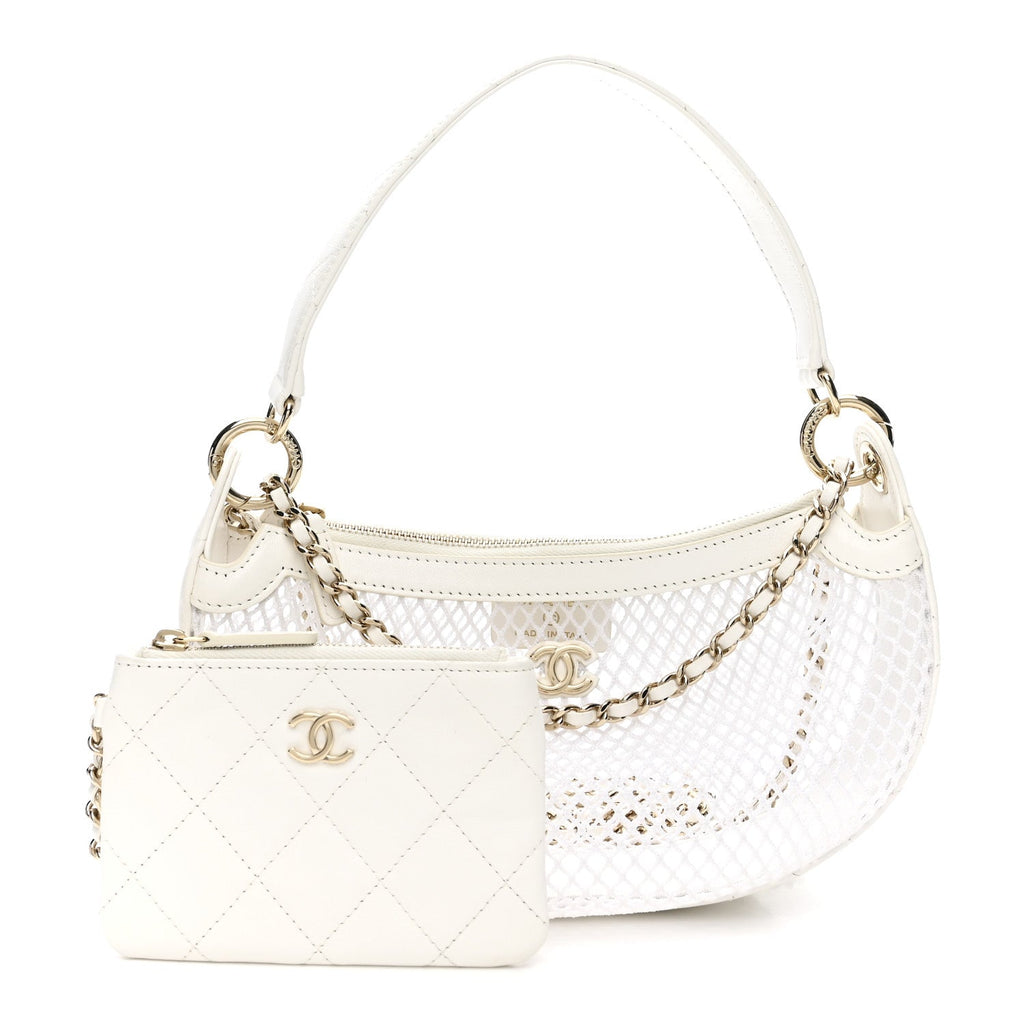 Chanel Mesh Shiny Lambskin Chain Hobo White