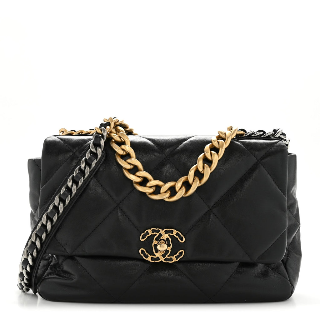 Chanel Shiny Goatskin Quilted Large Chanel 19 Flap Black