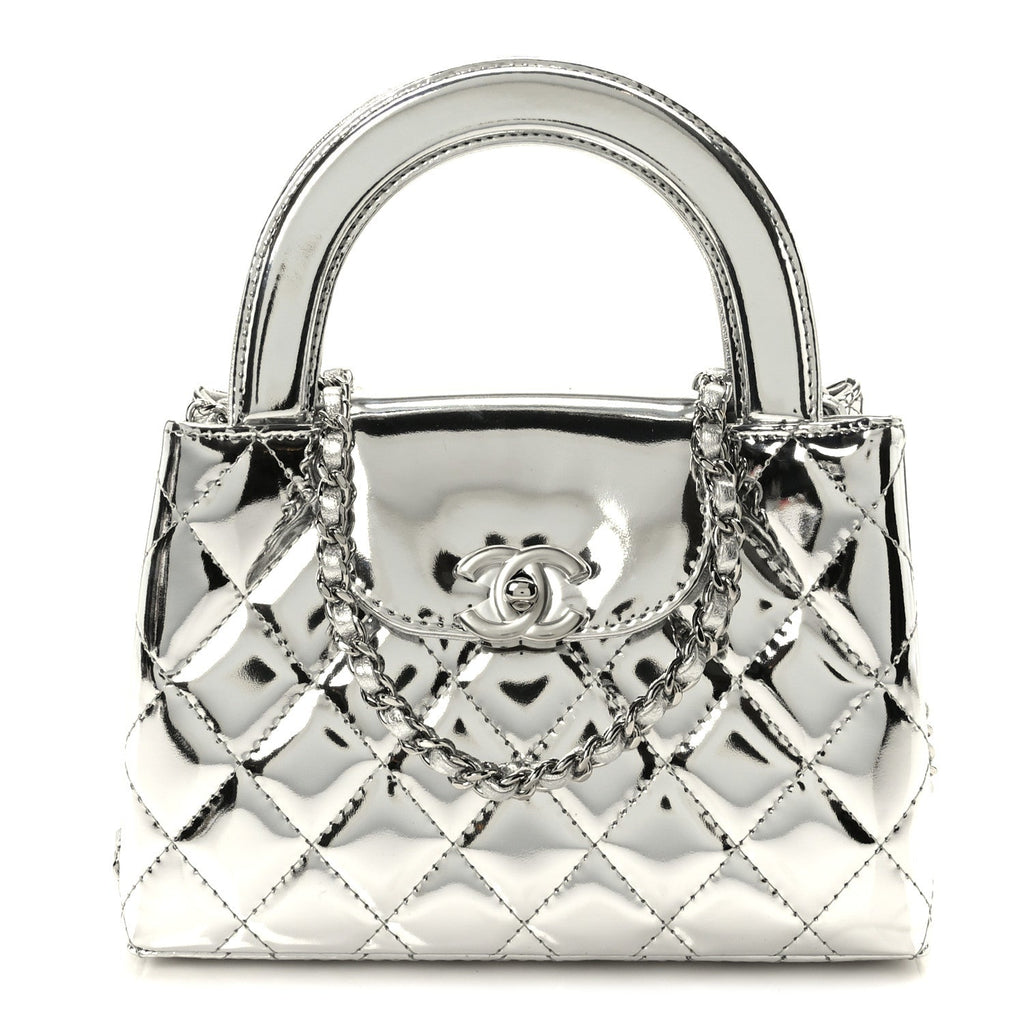 Chanel Mirror Calfskin Metallic Calfskin Quilted Nano Kelly Shopper Silvery