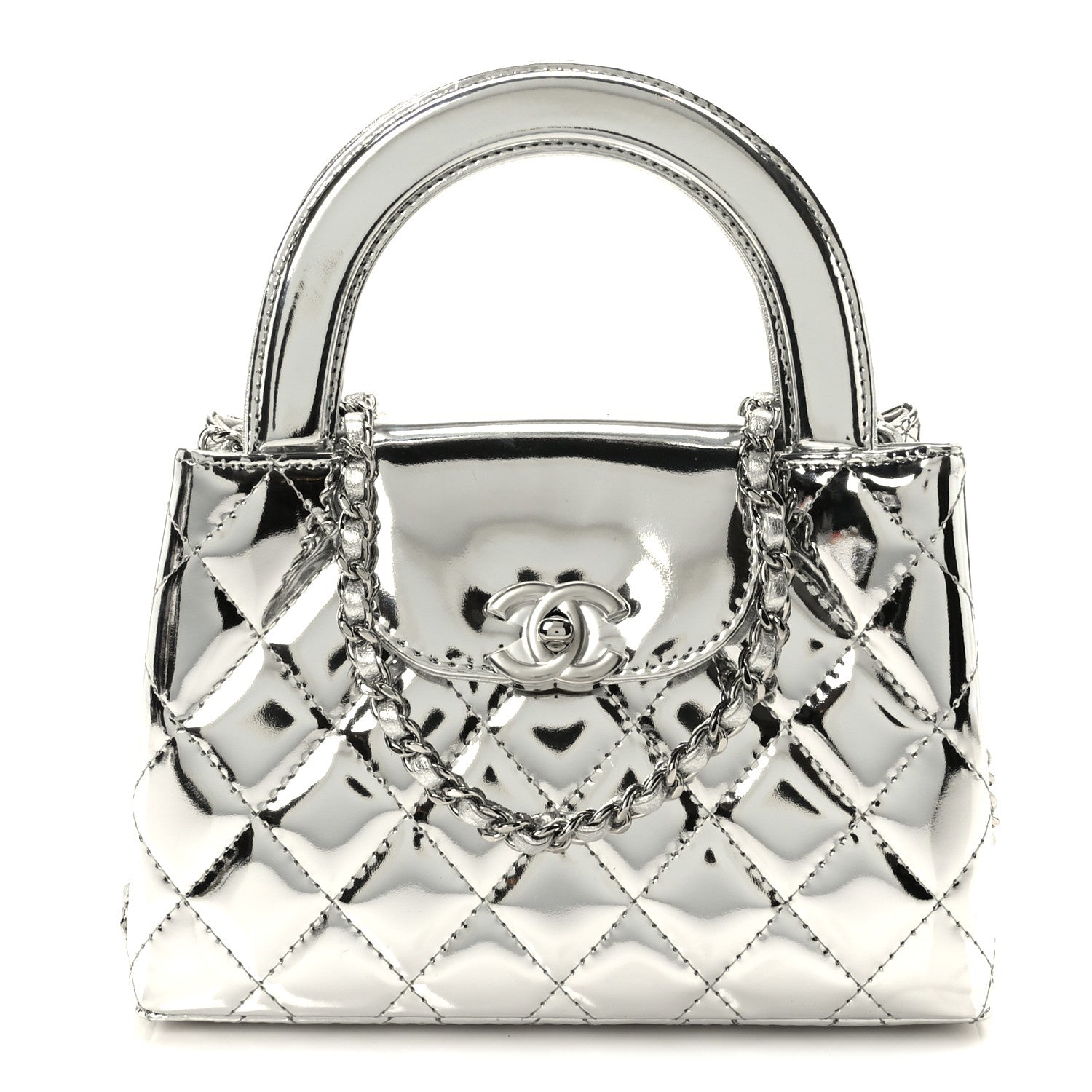 Chanel Mirror Calfskin Metallic Calfskin Quilted Nano Kelly Shopper Silvery