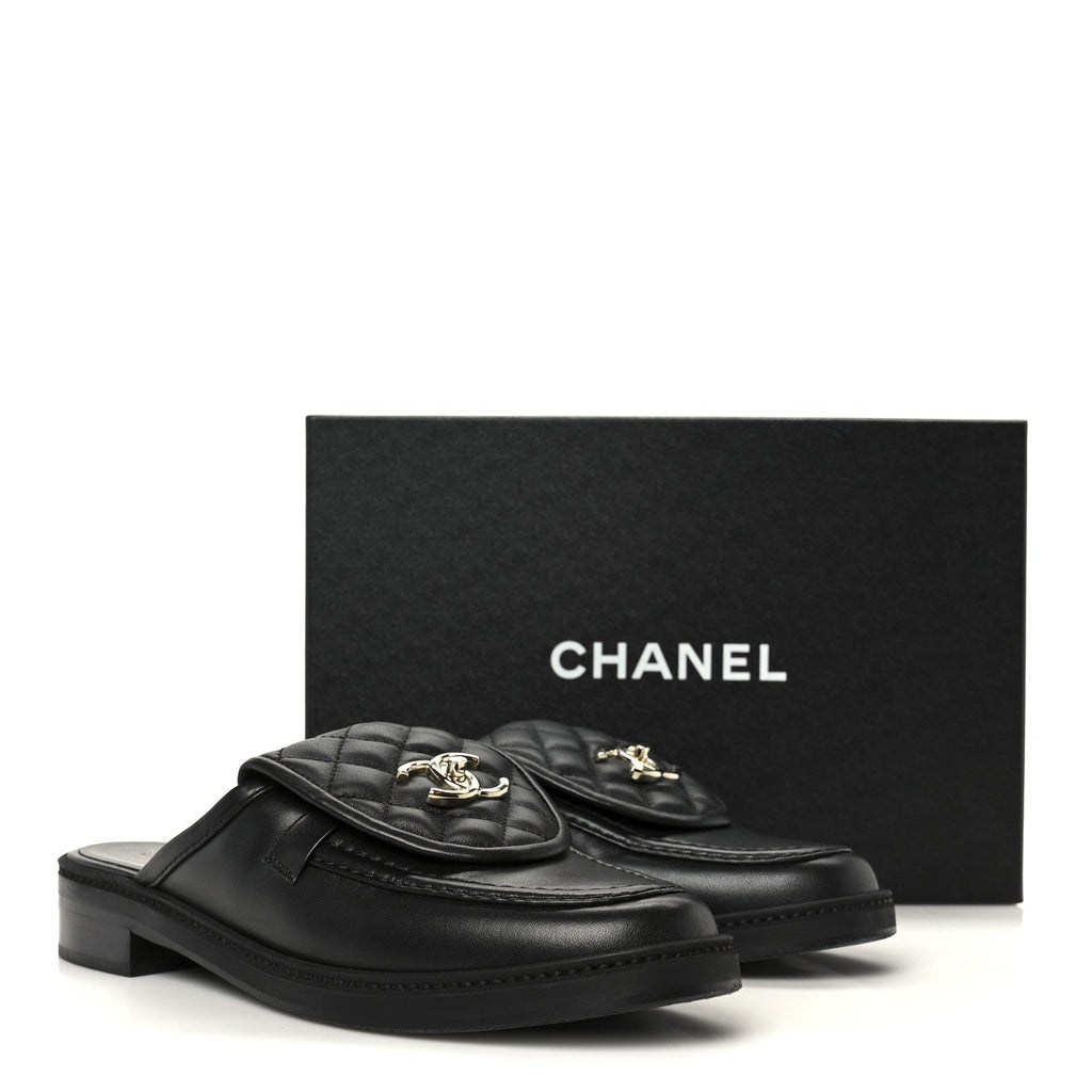 Lambskin Quilted CC Turnlock Mules 40 Black
