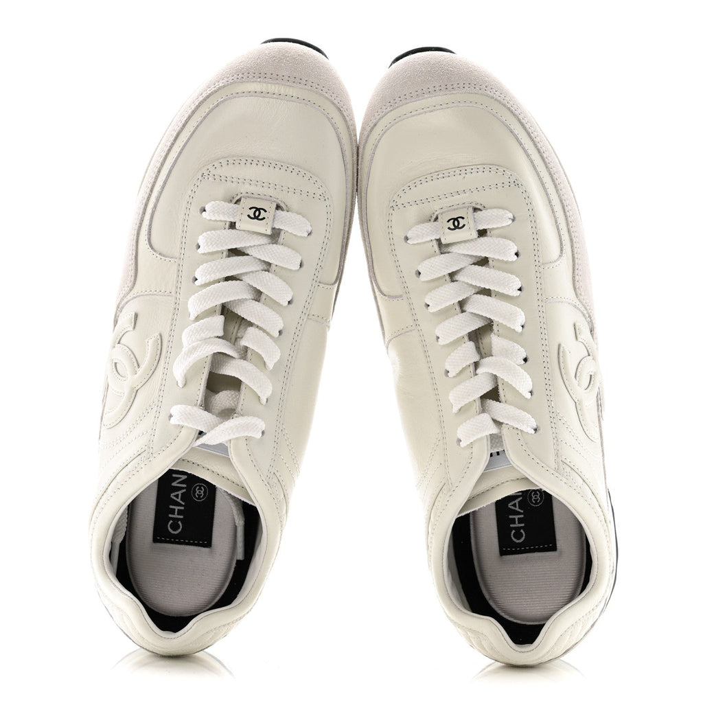 Chanel Suede Calfskin Quilted CC Sneakers 38.5 White Black
