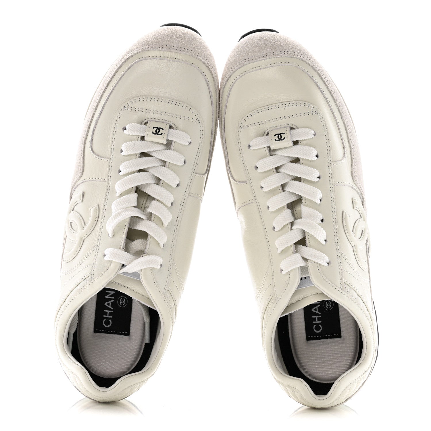Chanel Suede Calfskin Quilted CC Sneakers 38.5 White Black