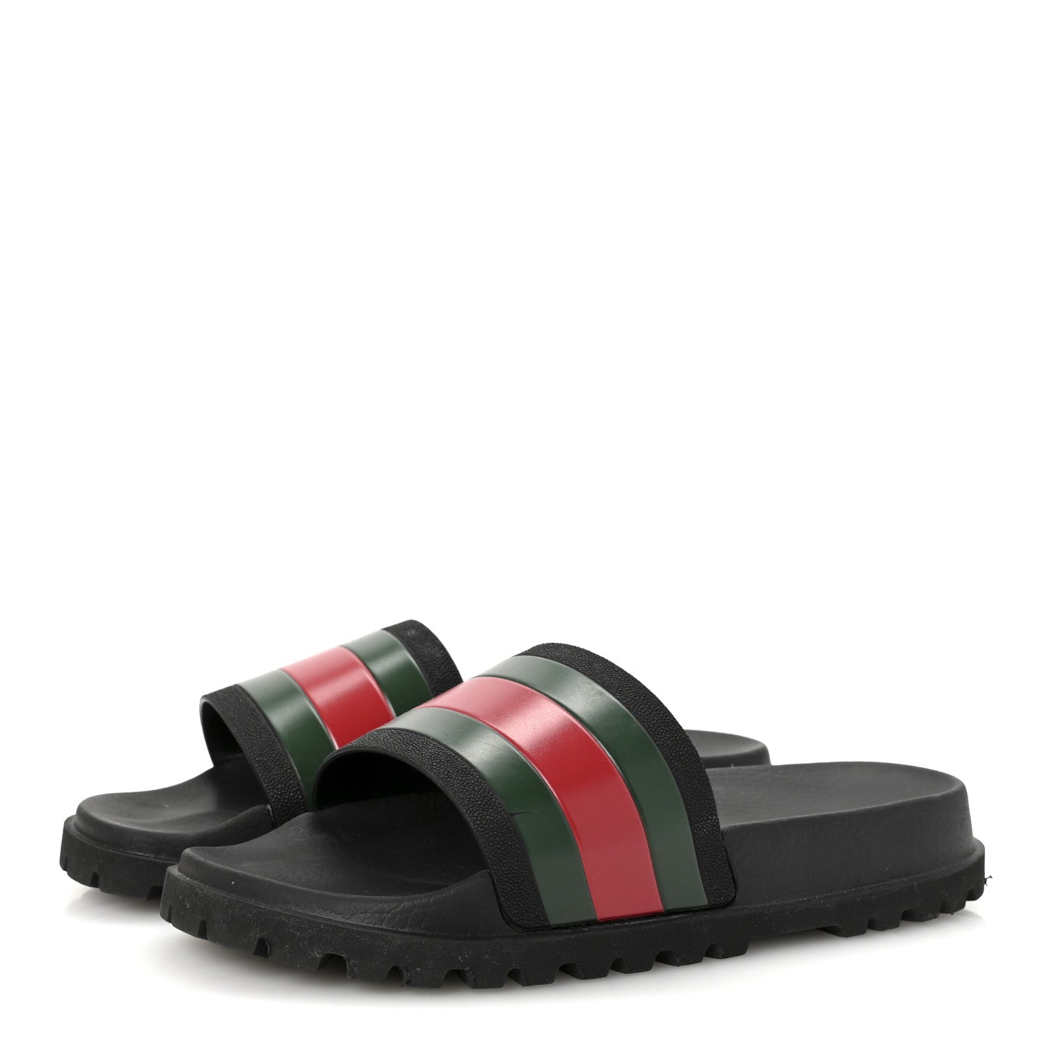 Gucci Rubber Web Mens Lug Sole Slide Sandals 7 Black Green Red