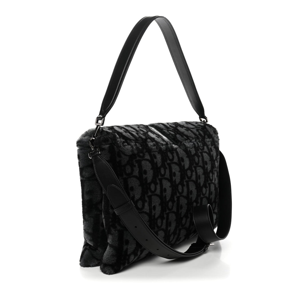 Christian Dior Oblique Mink Fur Saddle Soft Bag Dark Grey