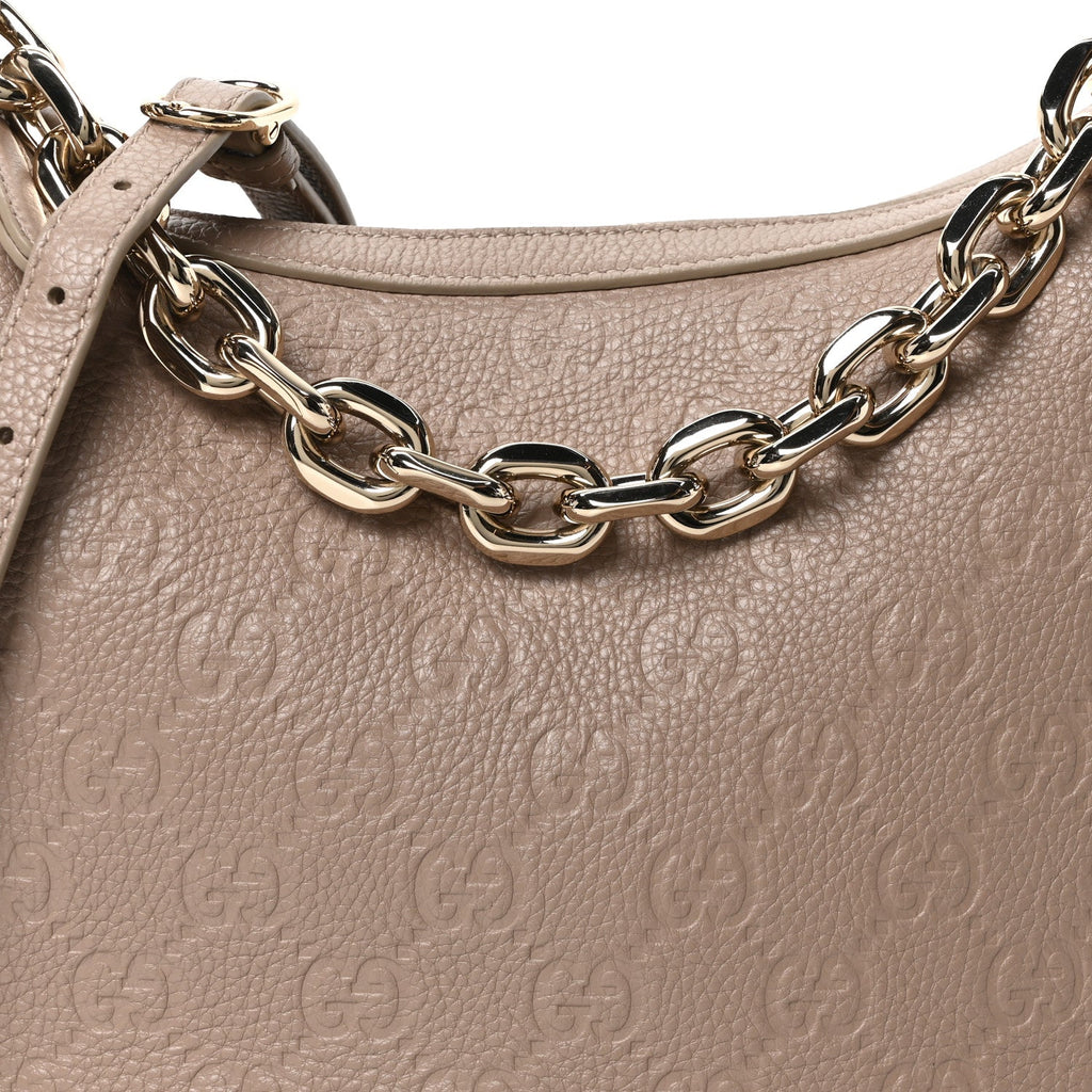 Gucci GG Grainy Calfskin Emblem Large Half Moon Shoulder Bag Taupe