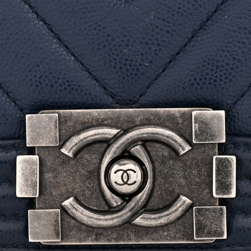 Chanel Caviar Chevron Quilted Medium Boy Flap Navy