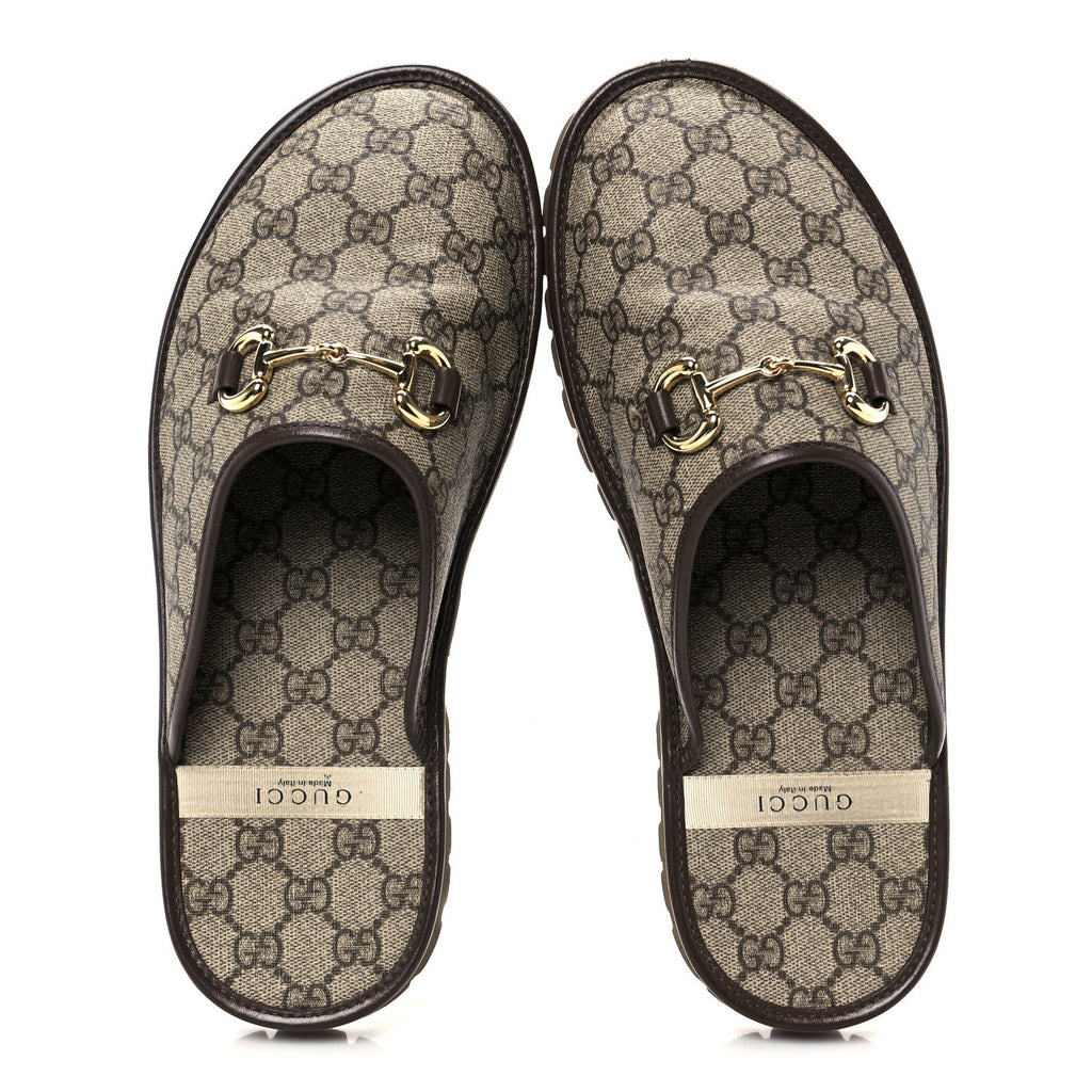 Gucci GG Supreme Monogram Miro Soft Calfskin Men's Horsebit Slippers 10 Beige Ebony New Acero
