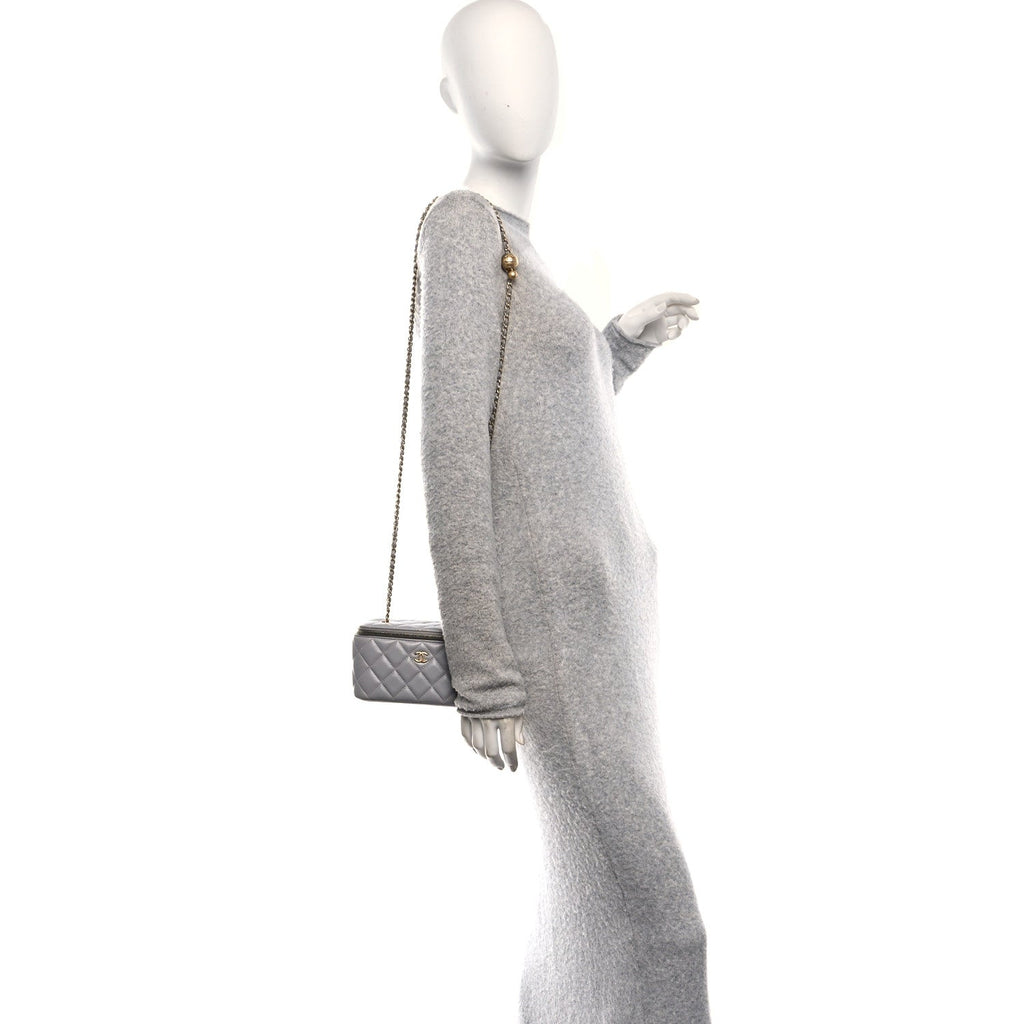 Chanel Lambskin Quilted Small Pearl Crush Vanity Case With Chain Grey