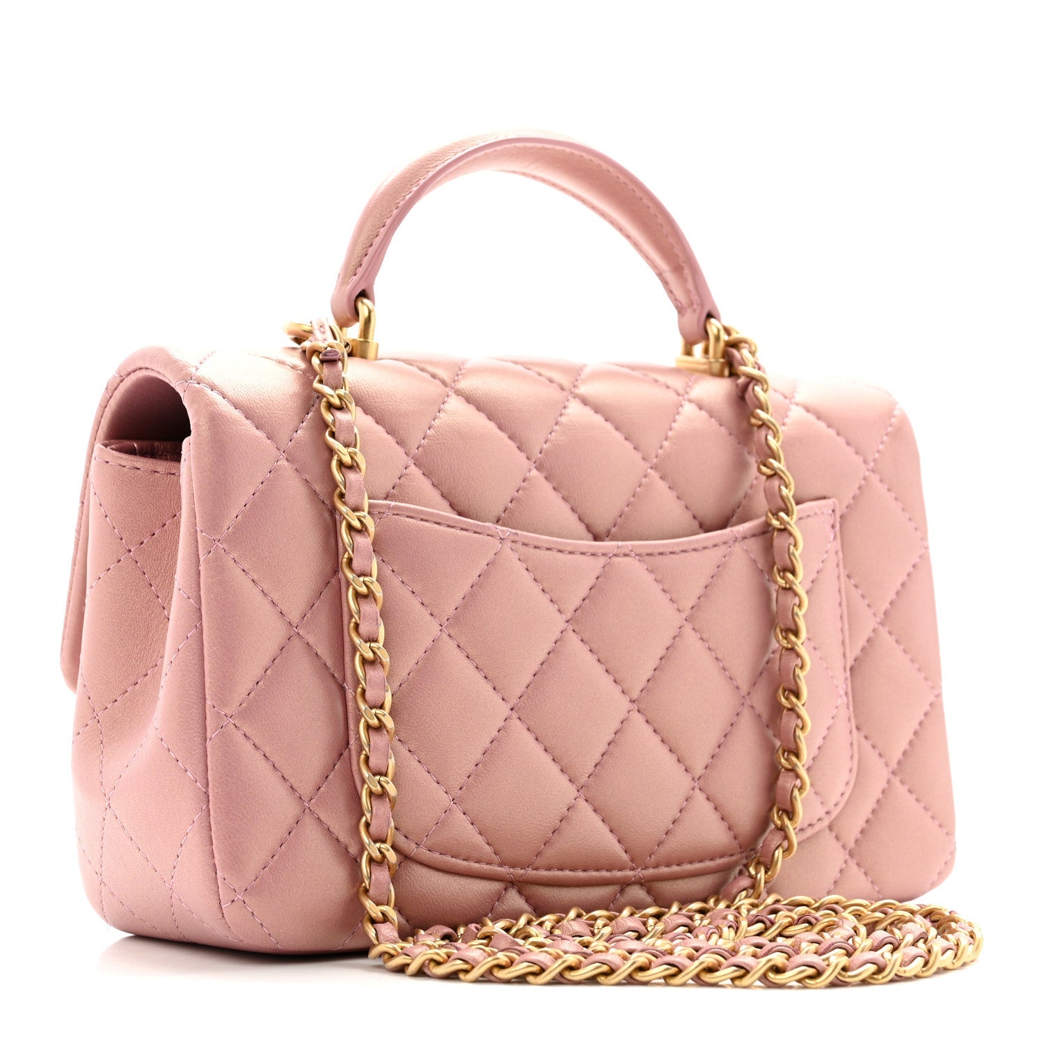 Chanel Iridescent Lambskin Quilted Mini Top Handle Rectangular Flap Pink