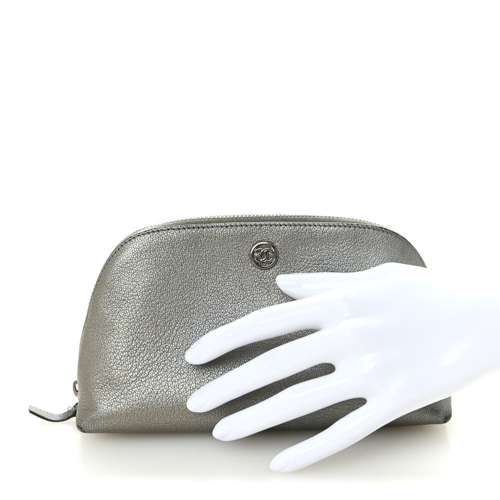 Metallic Goatskin Cosmetic Case Silver