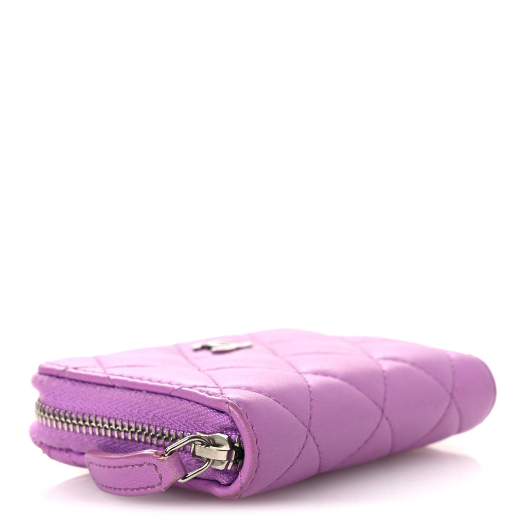 Lambskin Quilted Zip Around Coin Purse Wallet Purple