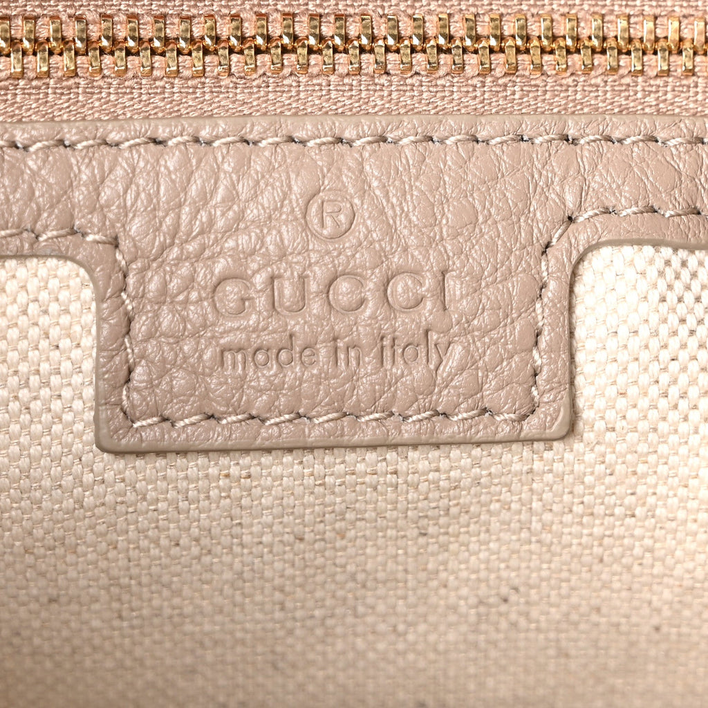 Gucci GG Grainy Calfskin Emblem Large Half Moon Shoulder Bag Taupe